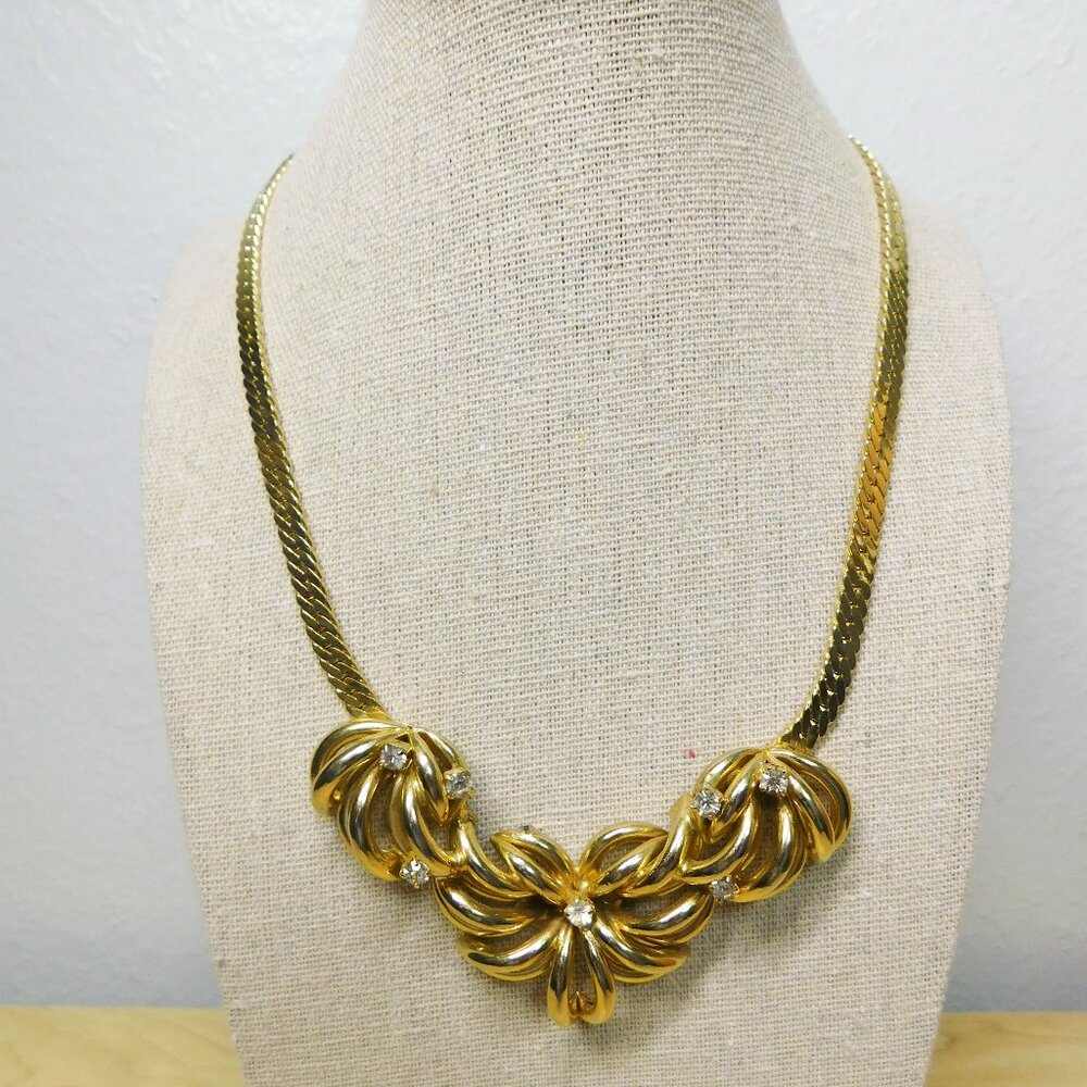 Vintage Lady Remington Gold Tone Rhinestone Statement Necklace 18"
